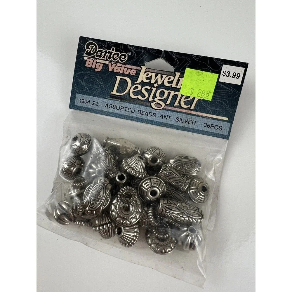 Darice Big Value NOS Jewelry Designer 36 Pc Assorted Silver Tone Beads Crafting